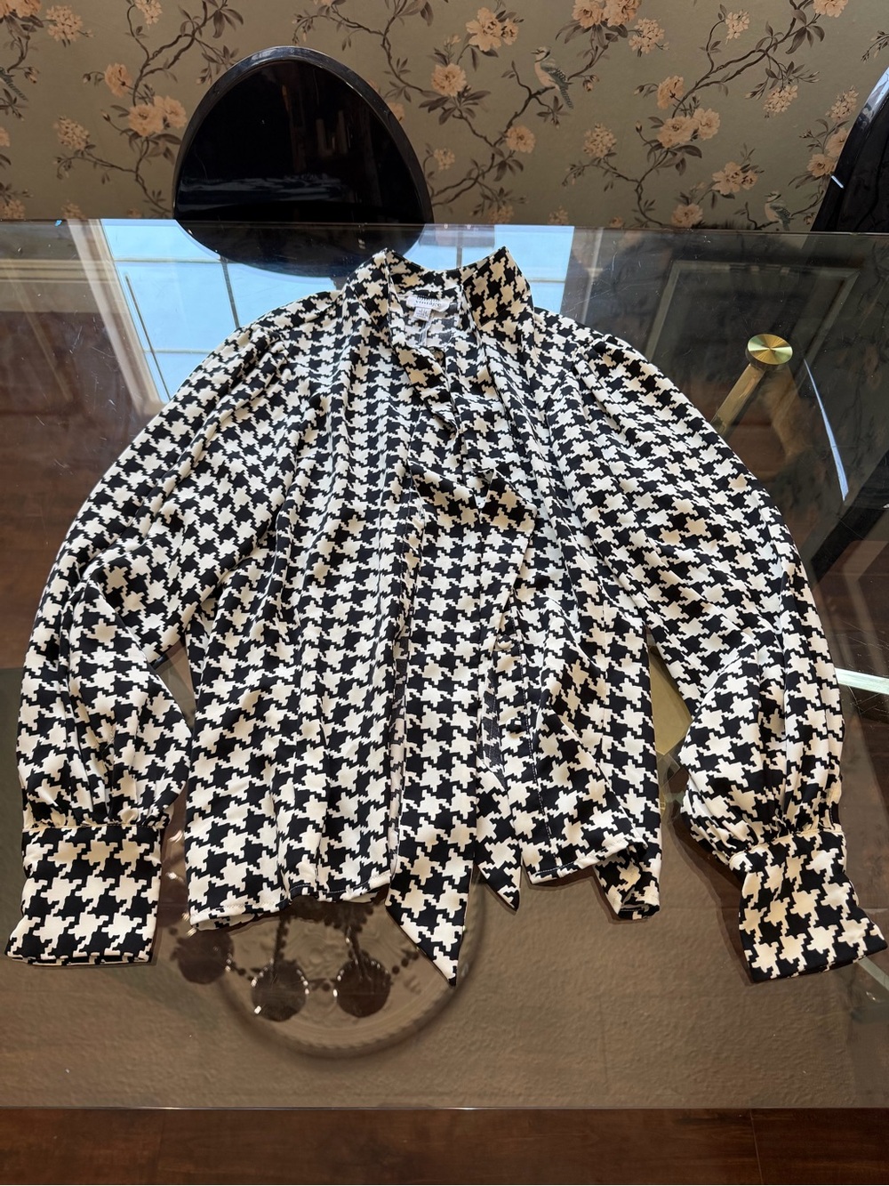 Unique Vintage Black and White Houndstooth Tie-Neck Blouse